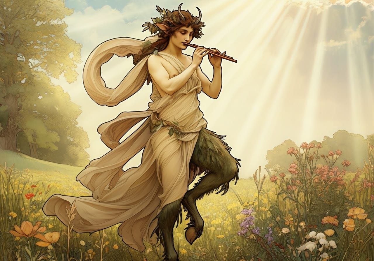 Mythical Satyr in Whimsical Floral Landscape