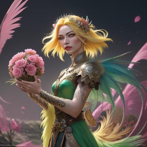 Silver Skinned Woman with Peacock Plumage