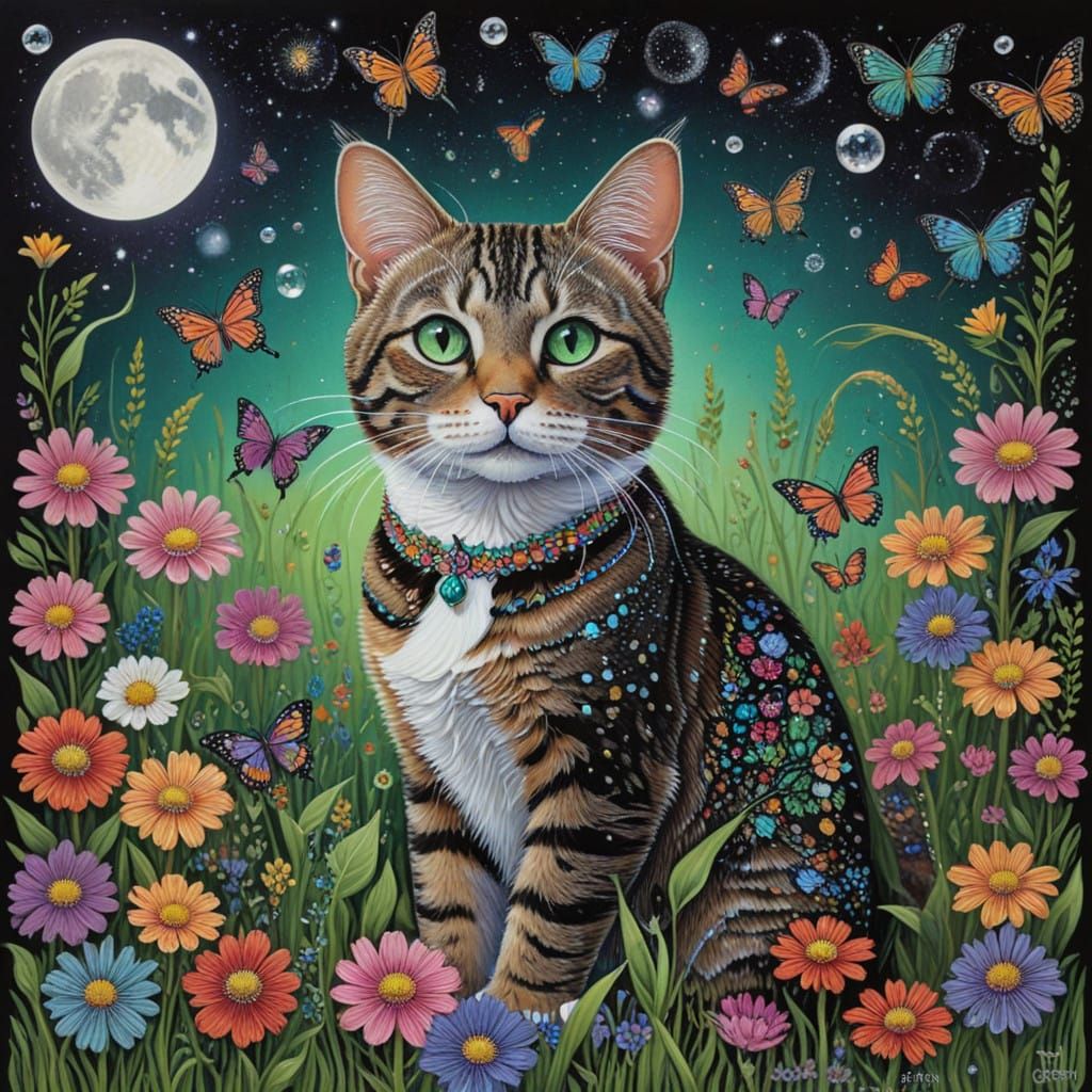 Whimsical Tabby Cat in Field of Wildflowers