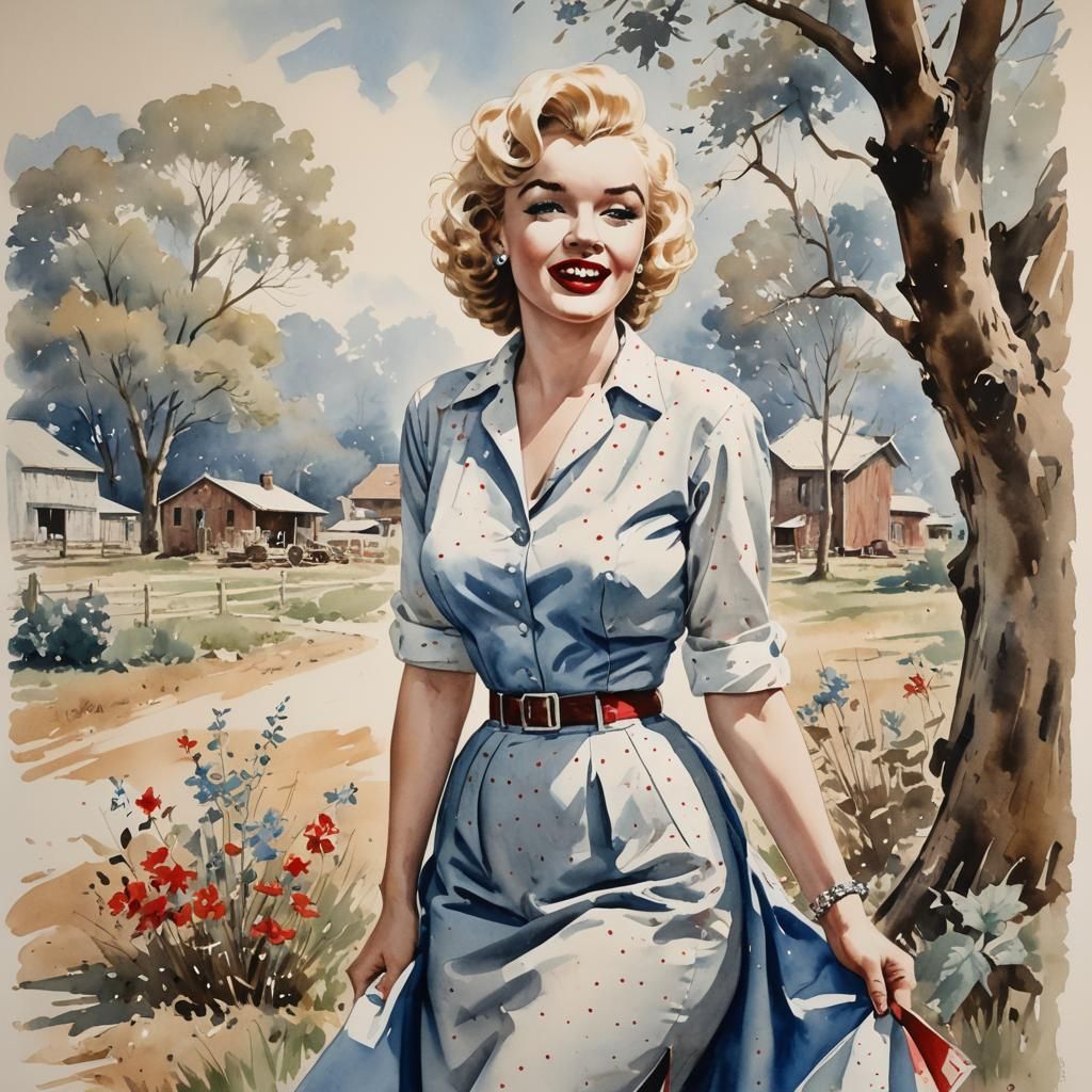 A 1950s Watercolor, Pen and Ink, 25 yo Marilyn Monroe in retro fashion, pin-up style...