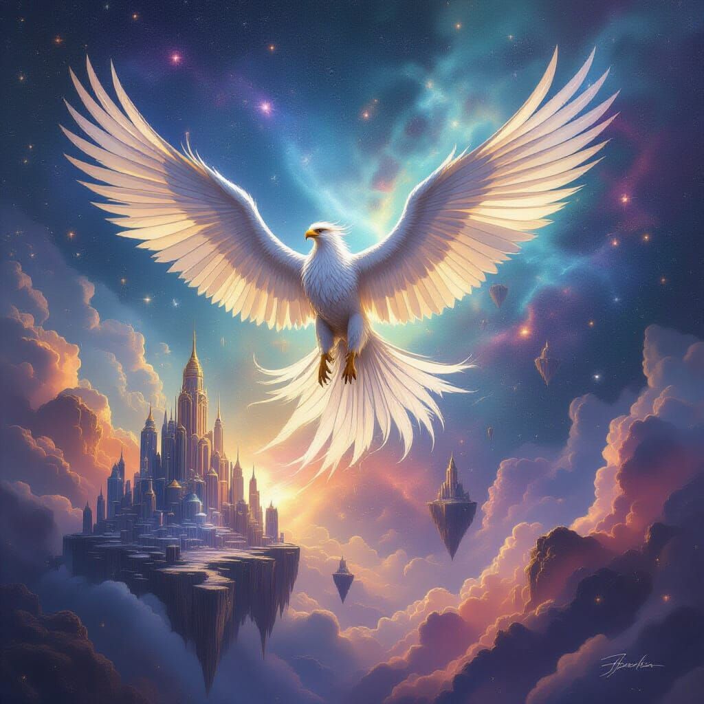 Majestic Griffin Soars Through Nebula Above Crystalline City
