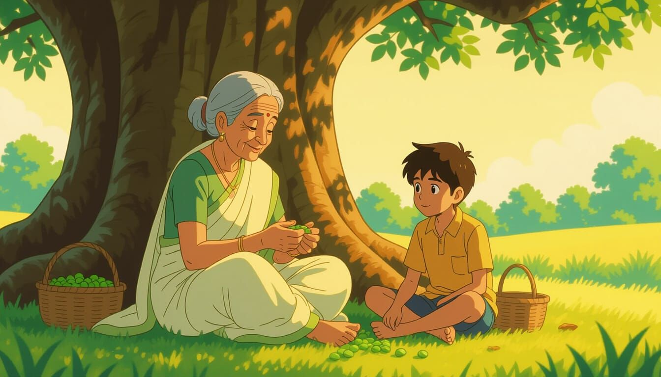 Elderly Indian Granny and Boy Under Banyan Tree