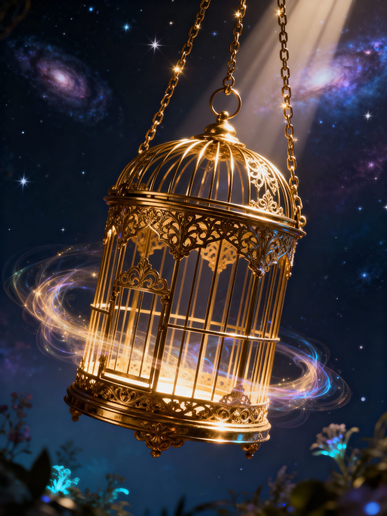 Gilded Birdcage with Enchanted Light in Cosmic Void