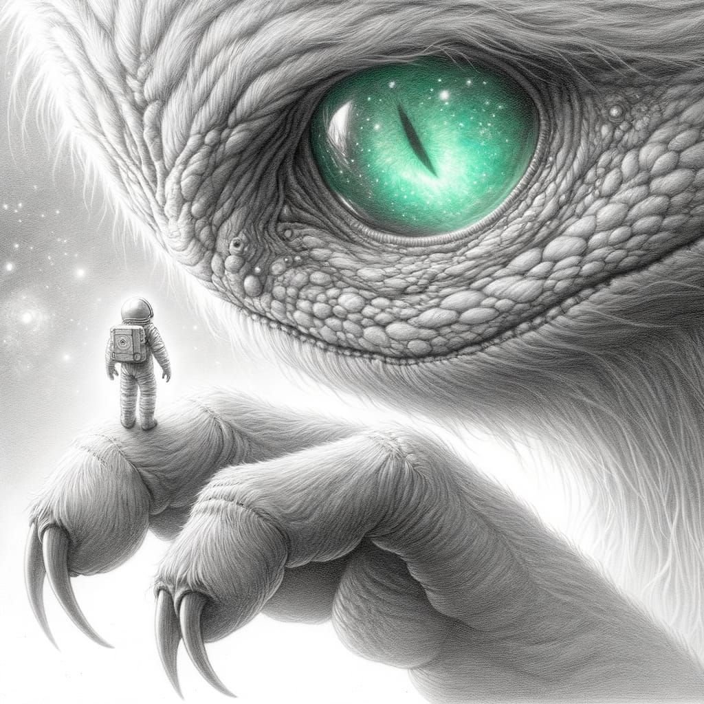 Gentle Giant Observes Astronaut in Detailed Pencil Sketch