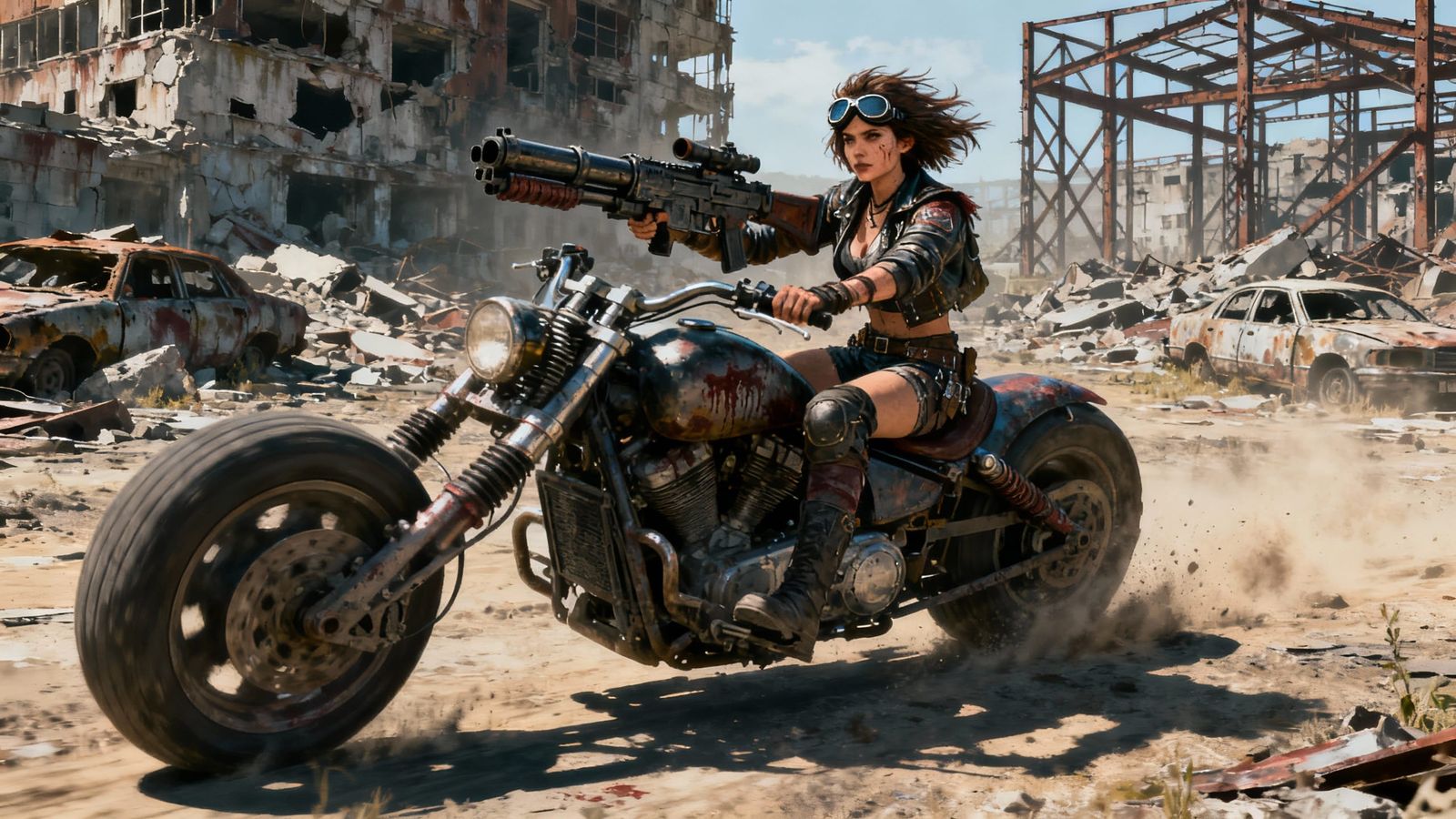 Post-Apocalyptic Warrior Woman Rides Hot Rod Motorcycle