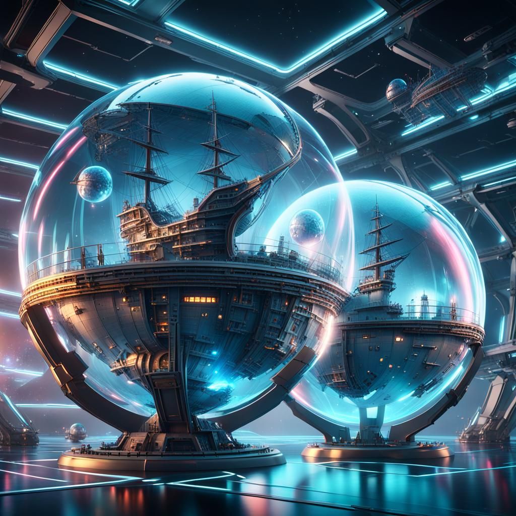 Pirate Ships Collide in Glass Sphere: Sci-Fi Art