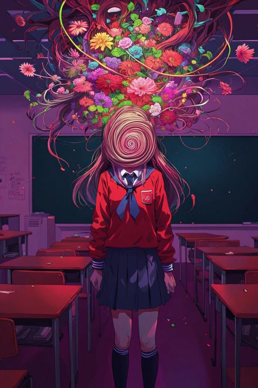 Surreal Vortex Obscuring Schoolgirl's Face with Flowers