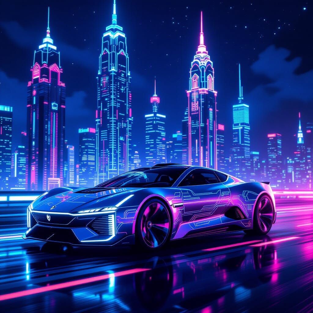 Futuristic Art Deco Car in Neon Cityscape