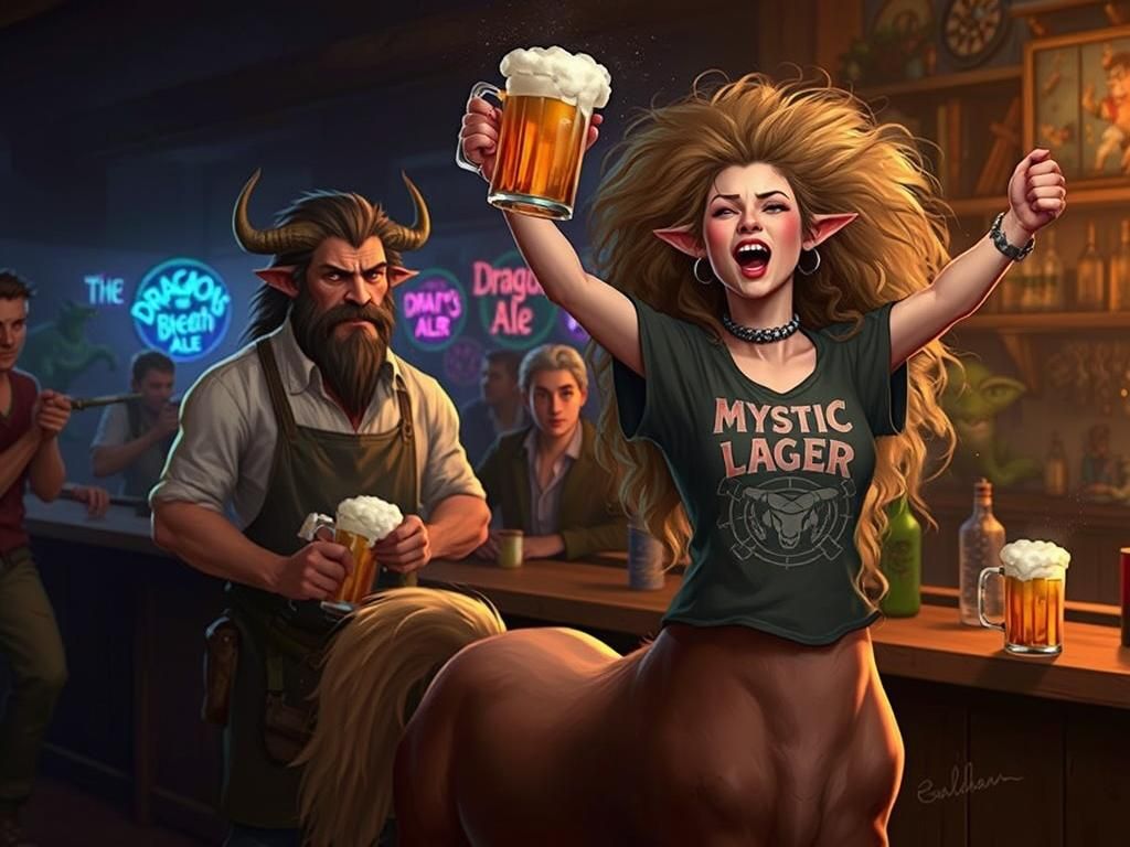 Drunk Centaur Girl Celebrates in Fantasy Tavern