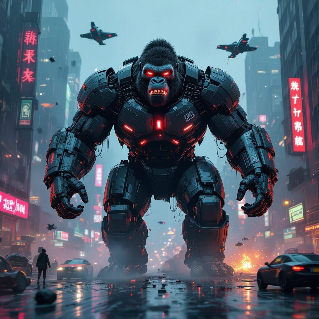 Cyberpunk Cyborg Gorilla Destroys City