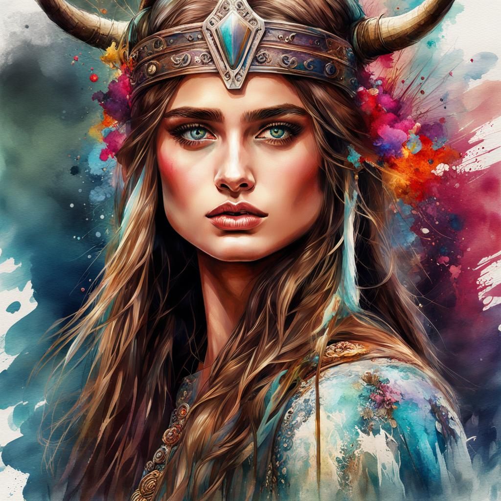 Viking princess, digital art, water color, splash painting style,by Waterhouse, Carne G...