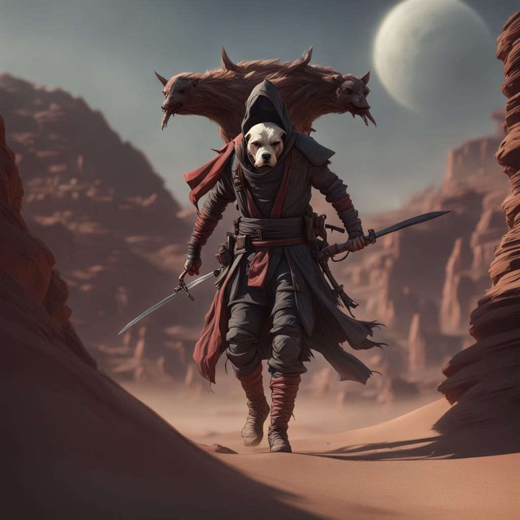 Desert Ninja and Bonedog in Detailed Matte Painting