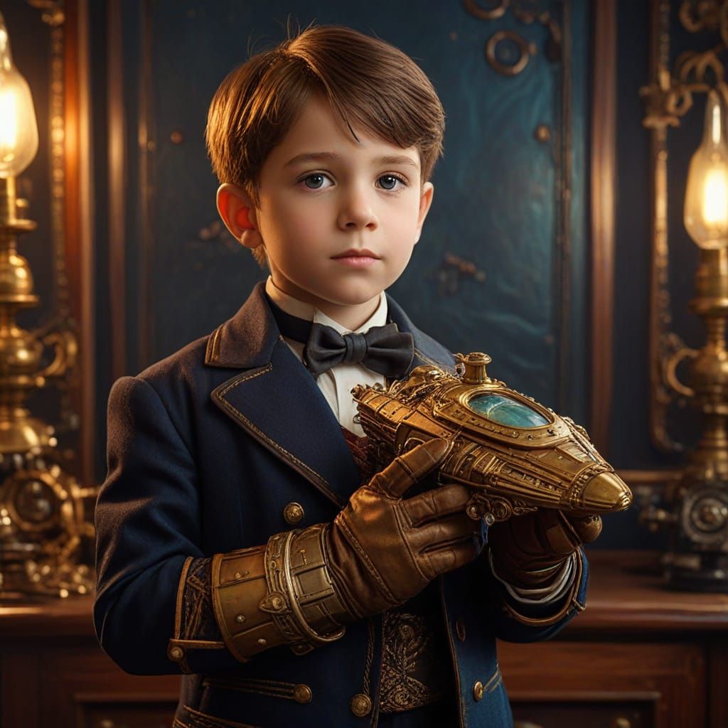 Steampunk Child with Spaceship in Retrofuturistic Style