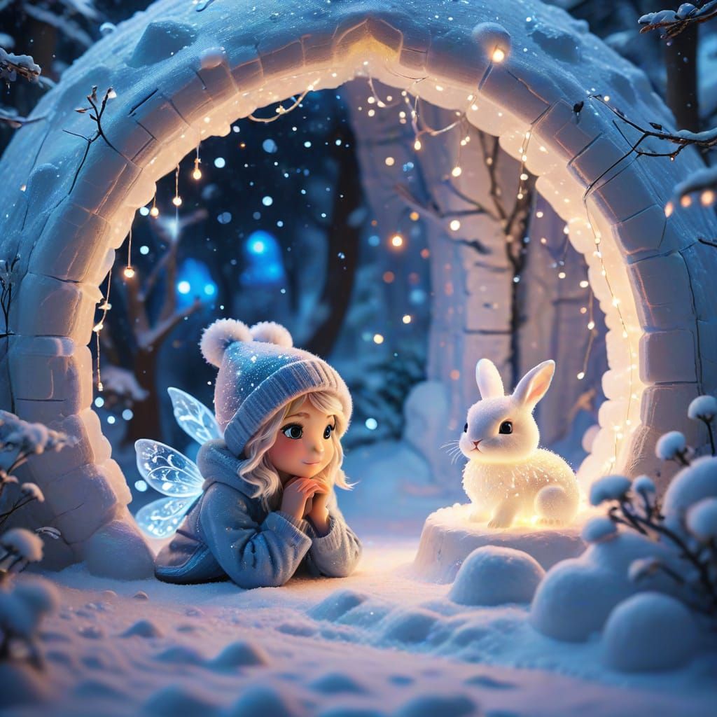 Cozy Winter Fairy in Glowing Igloo with Snow-Bunny