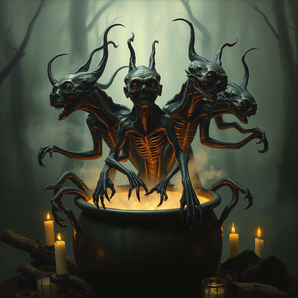 Eerie Creatures Emerging from Cauldron in Biomechanical Surr...