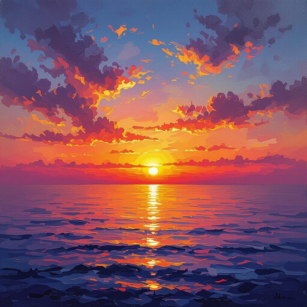 Impressionistic Oil Painting of a Vibrant Ocean Sunset
