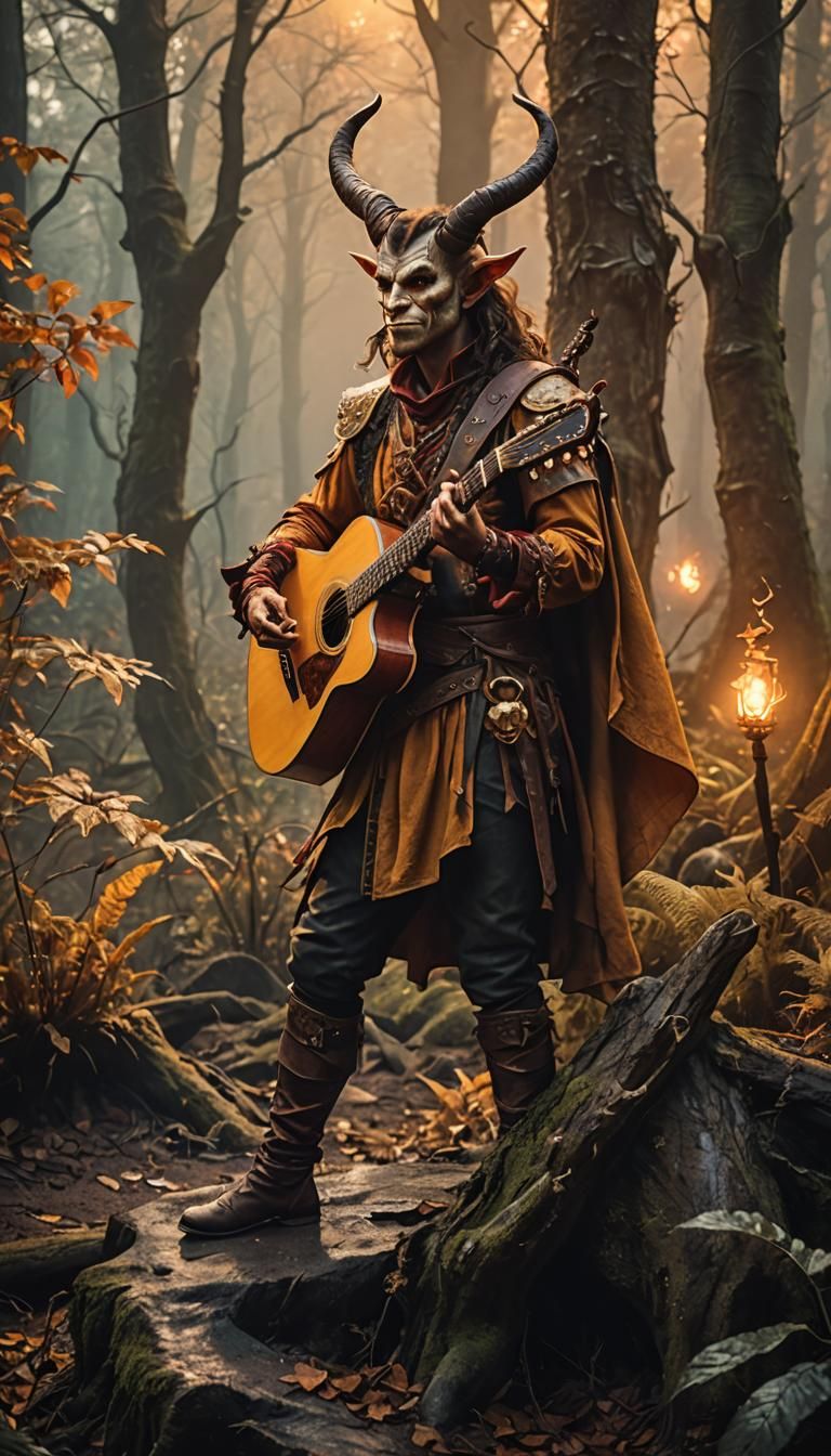 Tiefling Bard with Wry Grin on Forest Stage