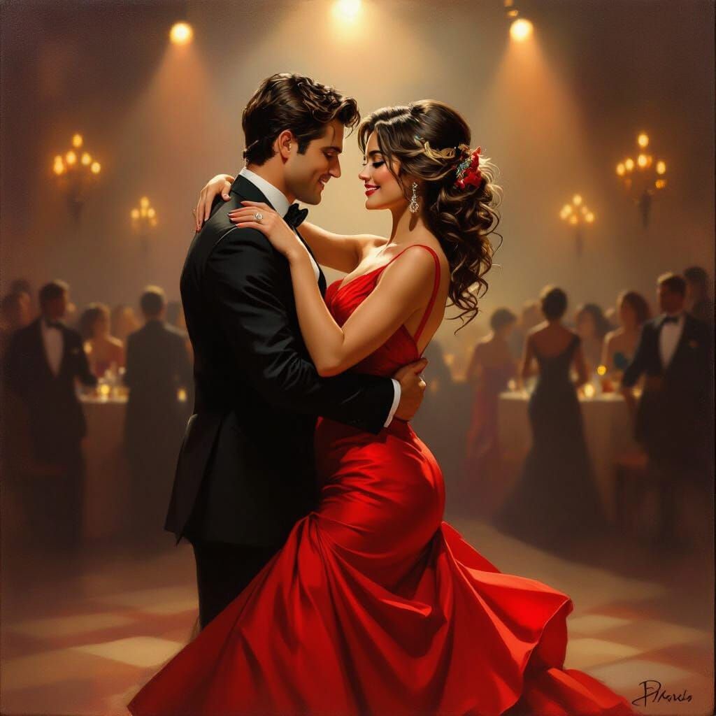 Woman in Red Dress Dancing in Romantic Ballroom Oil Painting