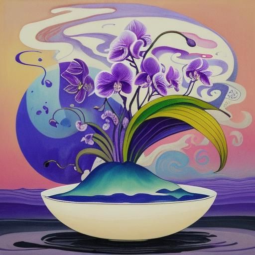 Orchid Ink Drawing in Pop Surrealist Style