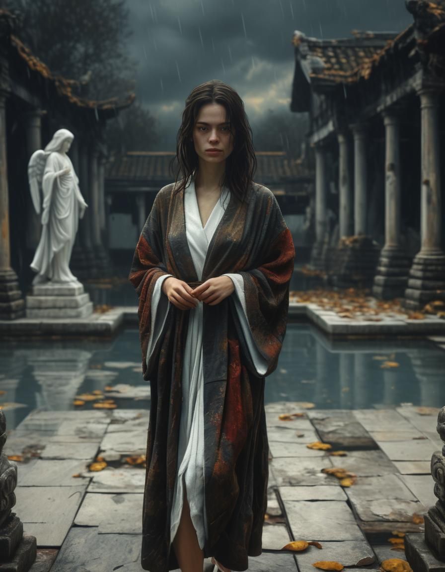 Woman Beside Pool in Chiaroscuro Oil Painting