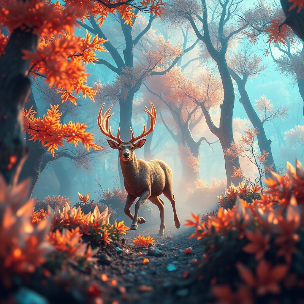 Glowing Deer Runs Through Crystal Forest