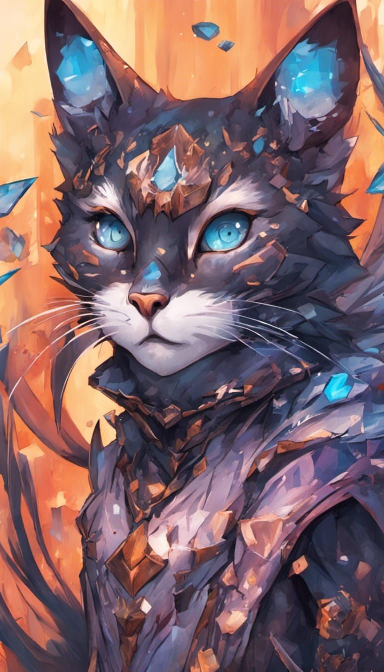 Onyx-Armored Cat Queen in Amethyst Cave: Anime Style