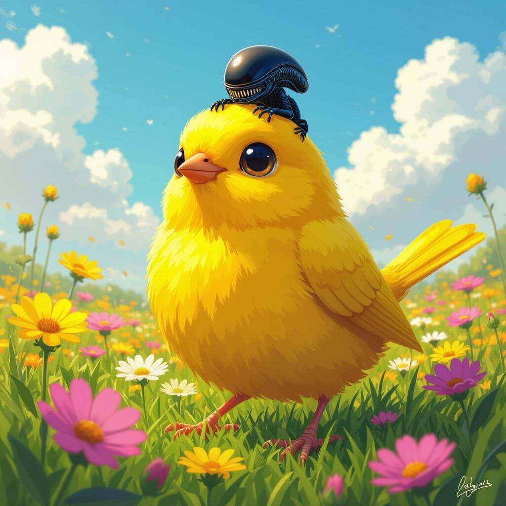 Giant Canary and Xenomorph in Fantasy Meadow