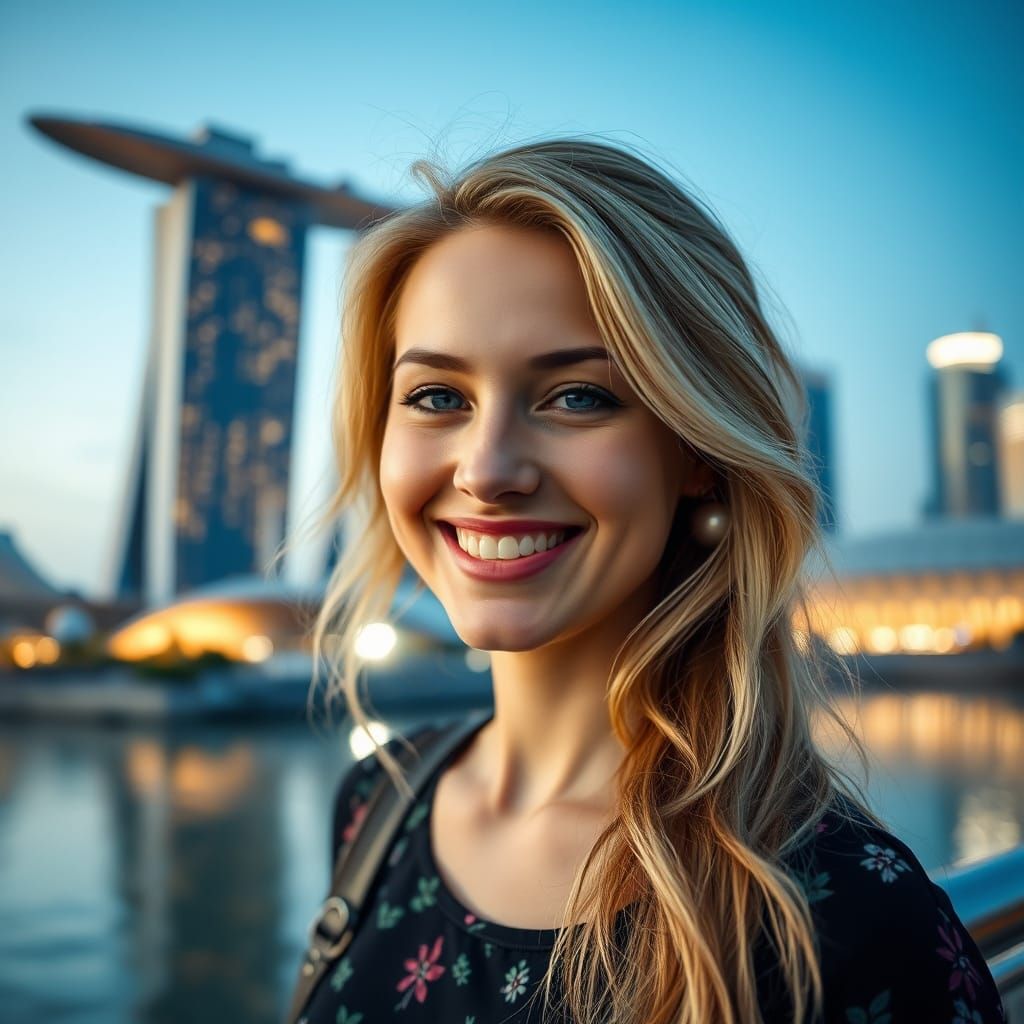 Elegant Blonde Woman at Marina Bay Sands Singapore