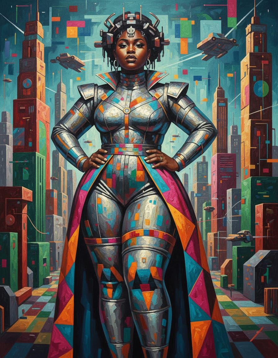 Afrofuturist Resilience: Striking Black Woman in Cubist City...