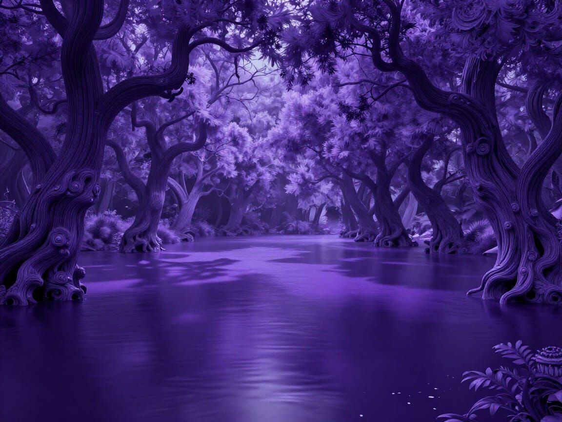 Monochromatic Purple Lake Landscape with Baroque Trees