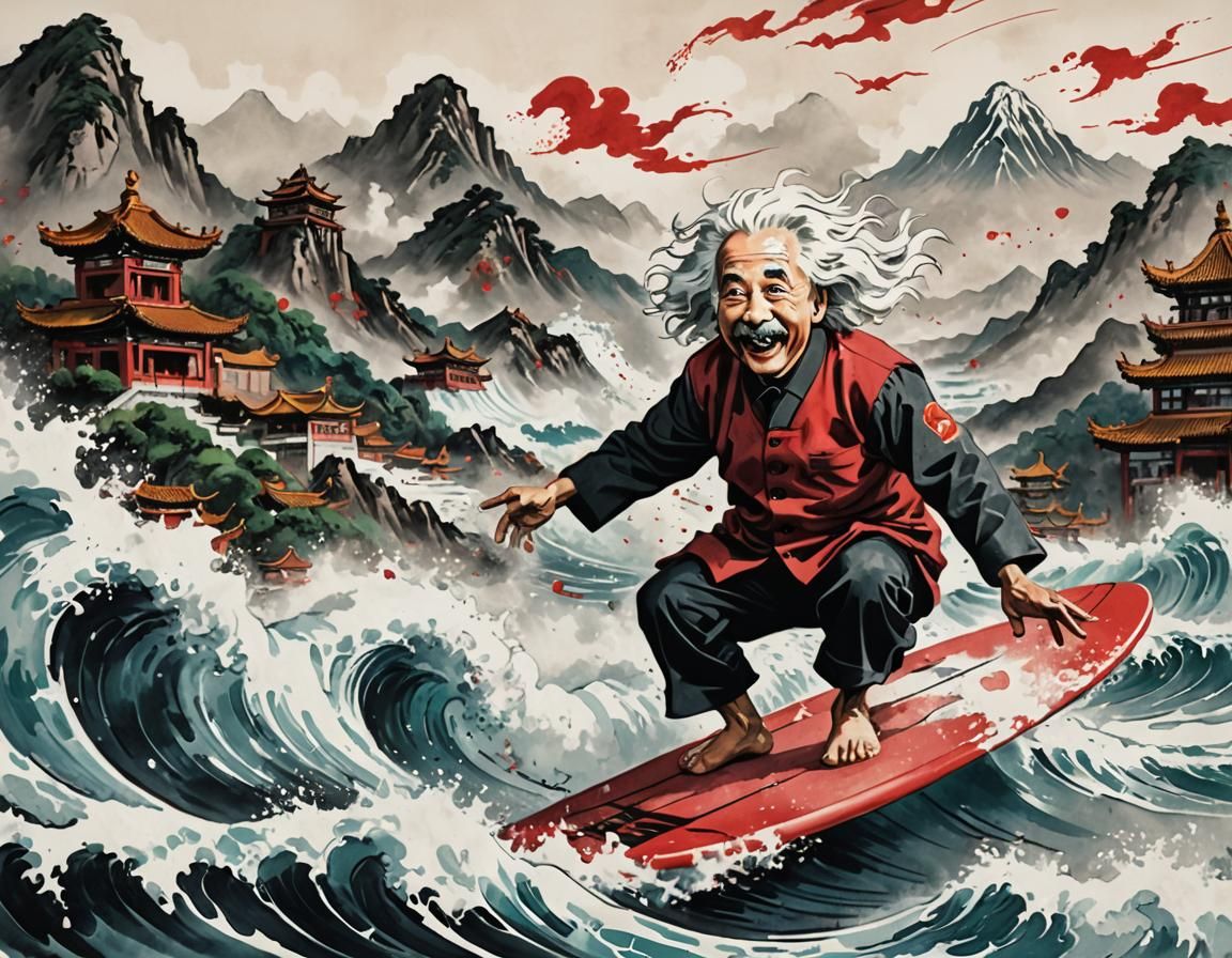 Einstein Surfing a Wave in Sumi-e Style
