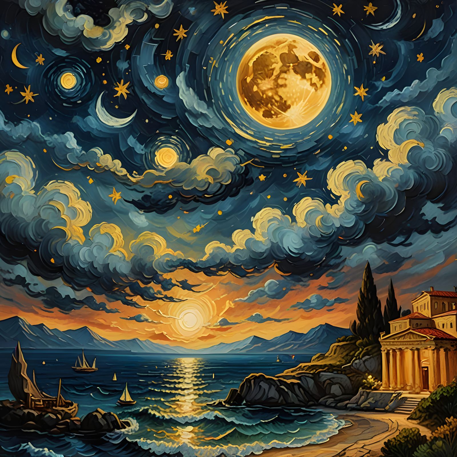 Moonlit Mythology in Van Gogh Style