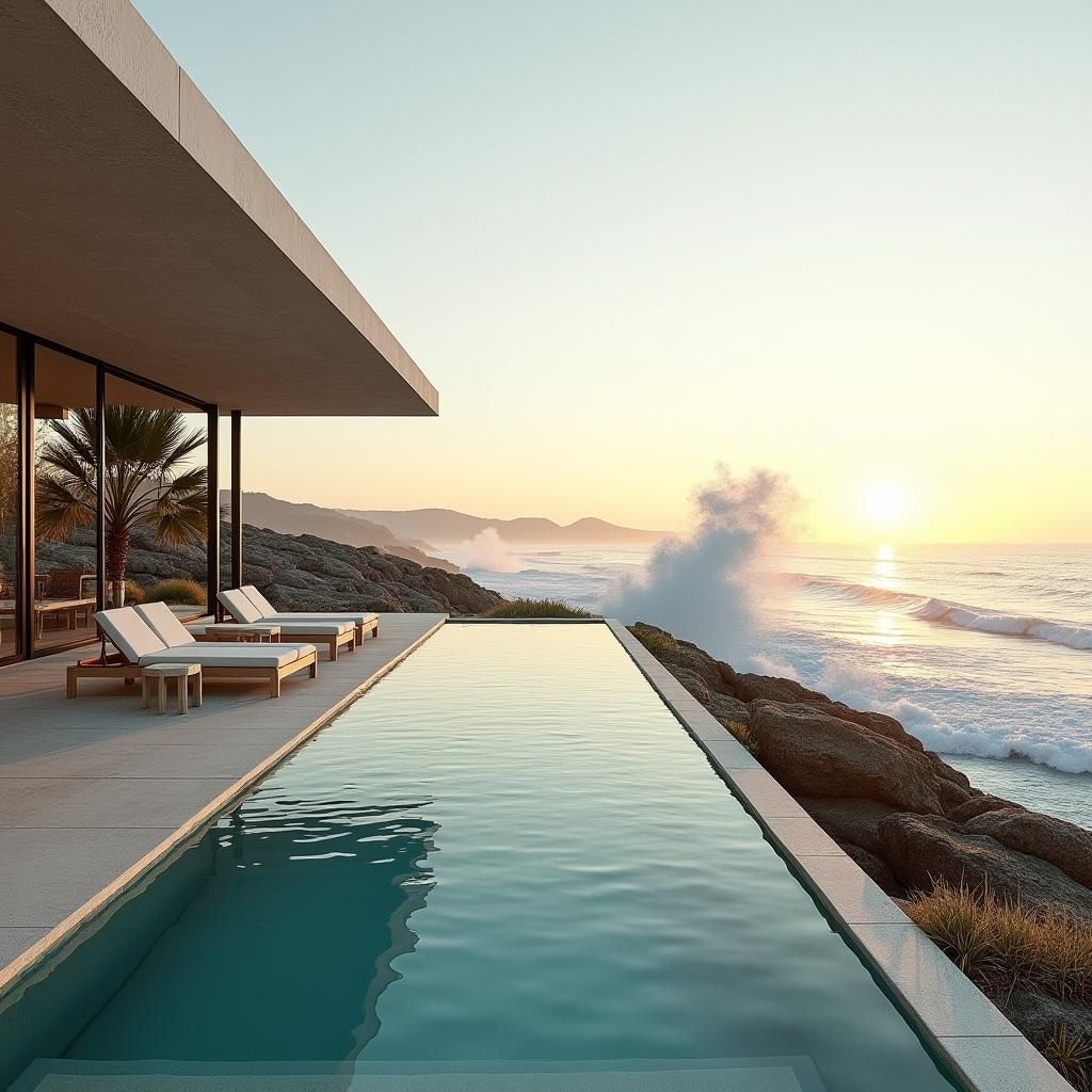 Modern Beachfront Home with Infinity Pool at Sunset