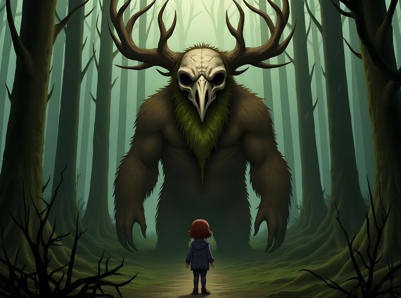 Ancient Forest Spirit with Bird Skull Mask and Moss Beard