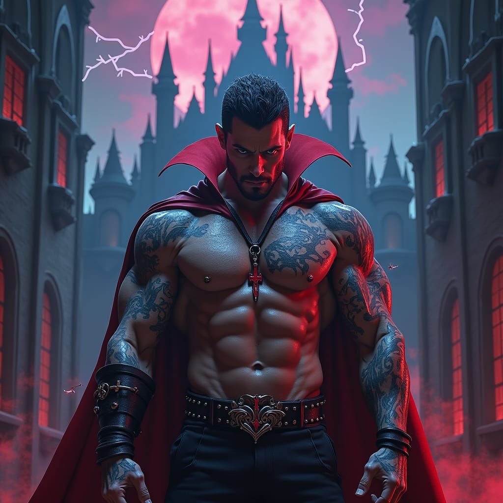 Muscular Dracula with Tattoos in Watercolor Scratchboard Sty...