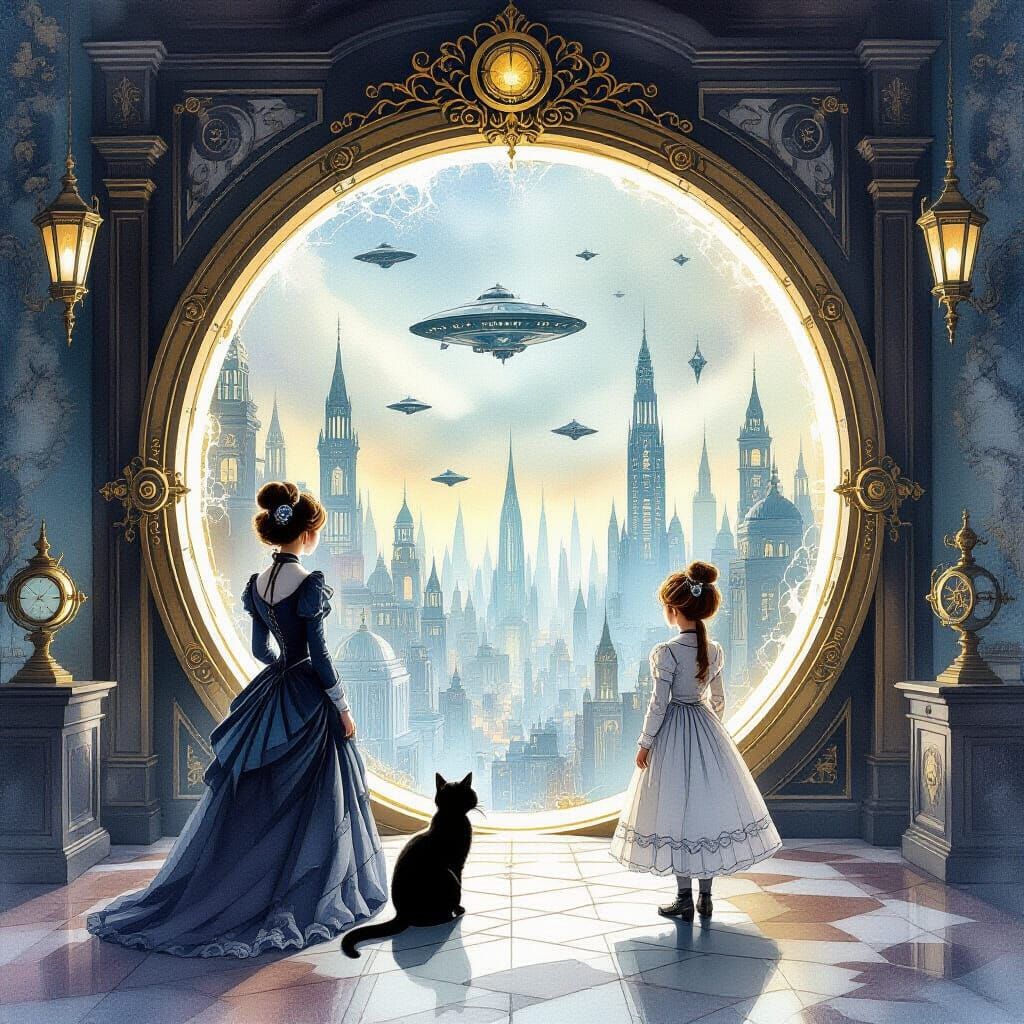 A mesmerizing watercolor scene stepping into infinity, siste...