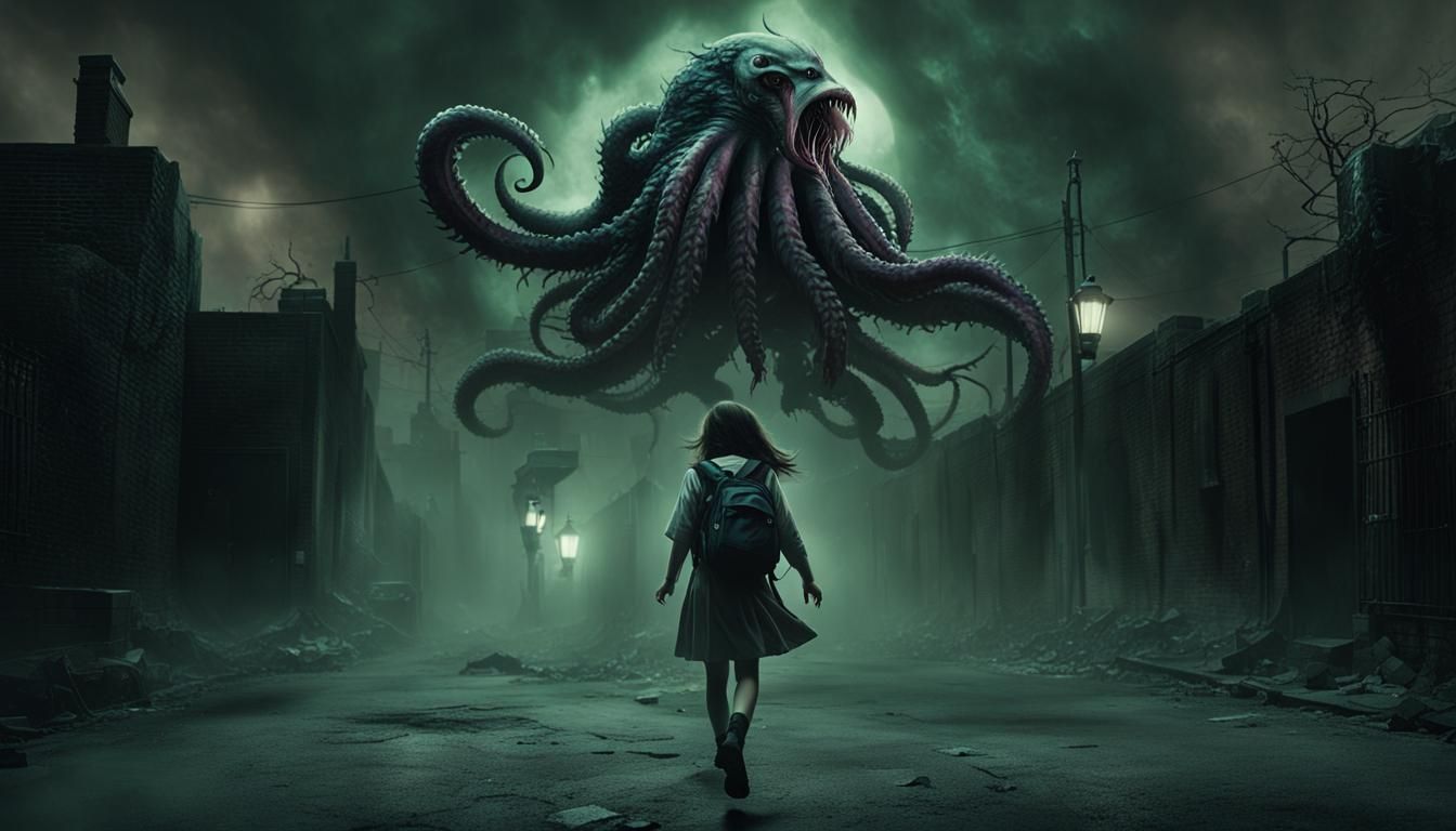 School Child pursued by her own nightmare cosmic horror mons...