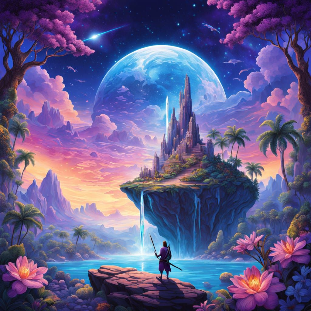 Surreal Island of Ancient Cosmic Power in Vibrant Hues