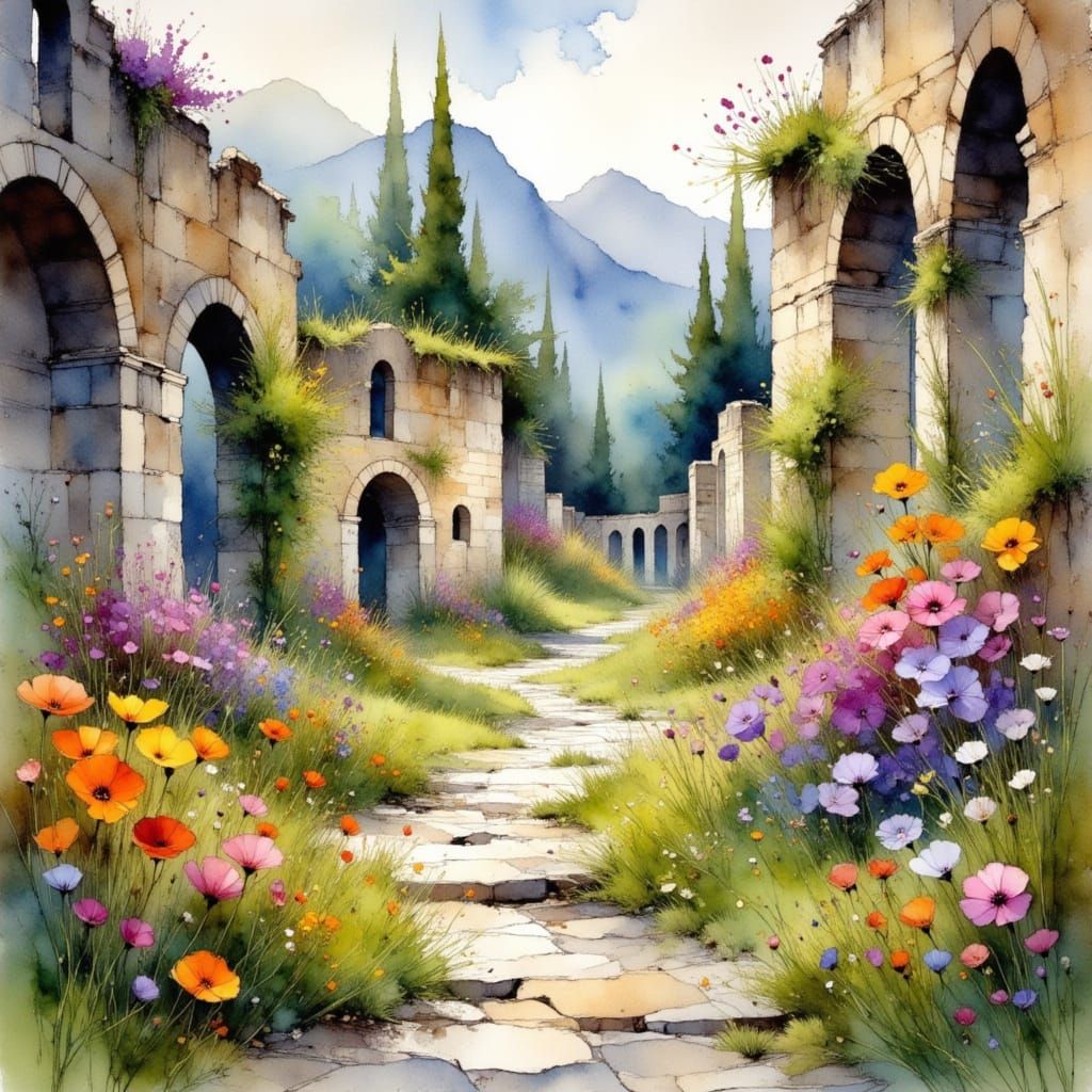 Wildflower Courtyard in Ancient Stone Ruins