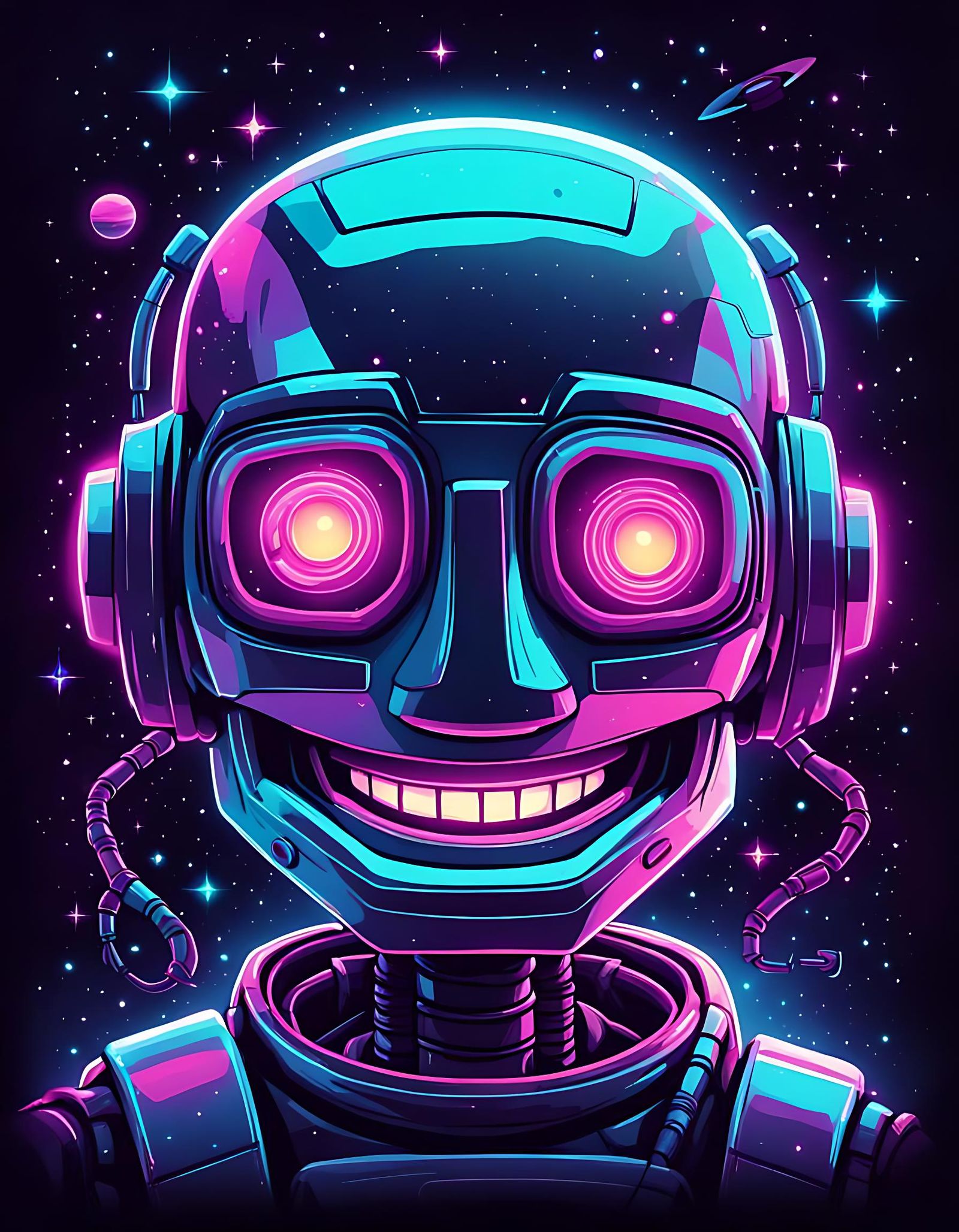 Optimistic Robot Drifting Through Space in Synthwave Style