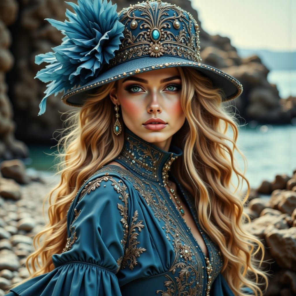 Woman in Blue Gown on Beach, Romantic Oil Painting Style