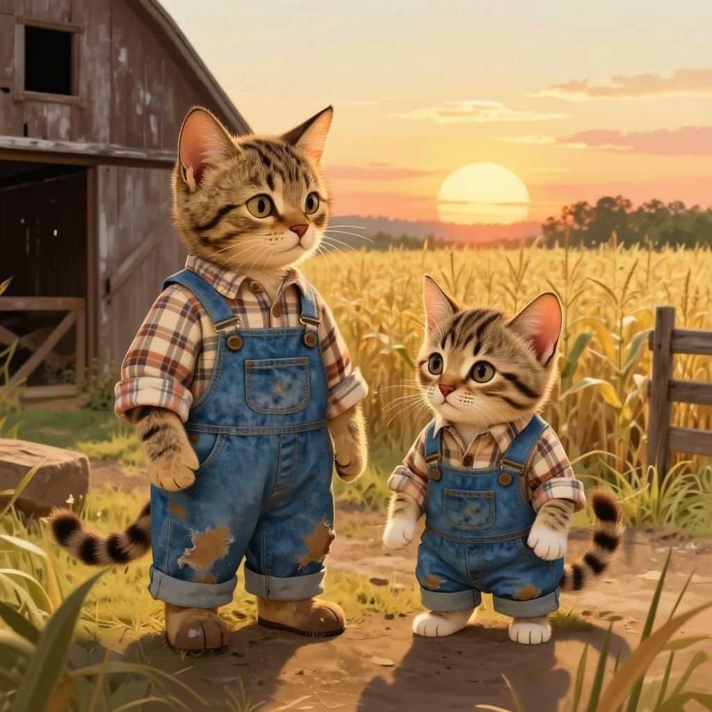 Adorable Tabby Cats in Denim Overalls in Cornfield