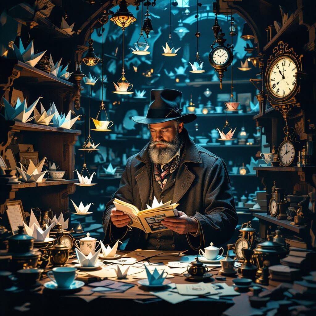 Mystical Shop Interior with Origami Cranes and Levitating Te...