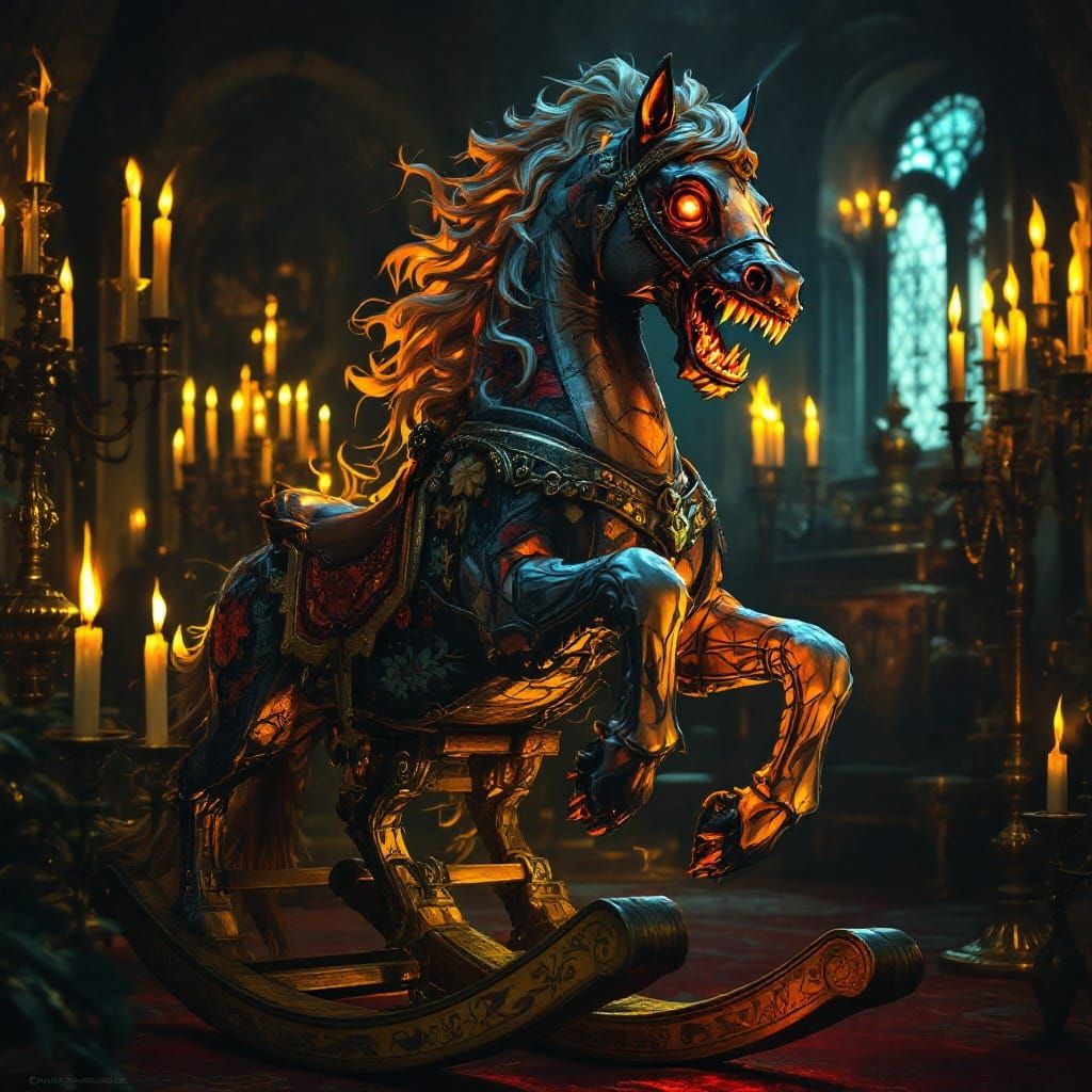 Gothic Rocking Horse with Burning Eyes in a Haunted Chamber
