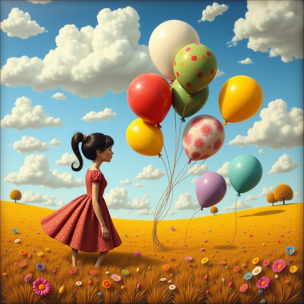 Whimsical Pop Surrealist Scene with Balloons and Amber Grass...