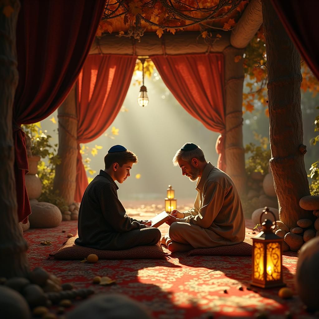 Boy Studies with Father in Glowing Sukkah