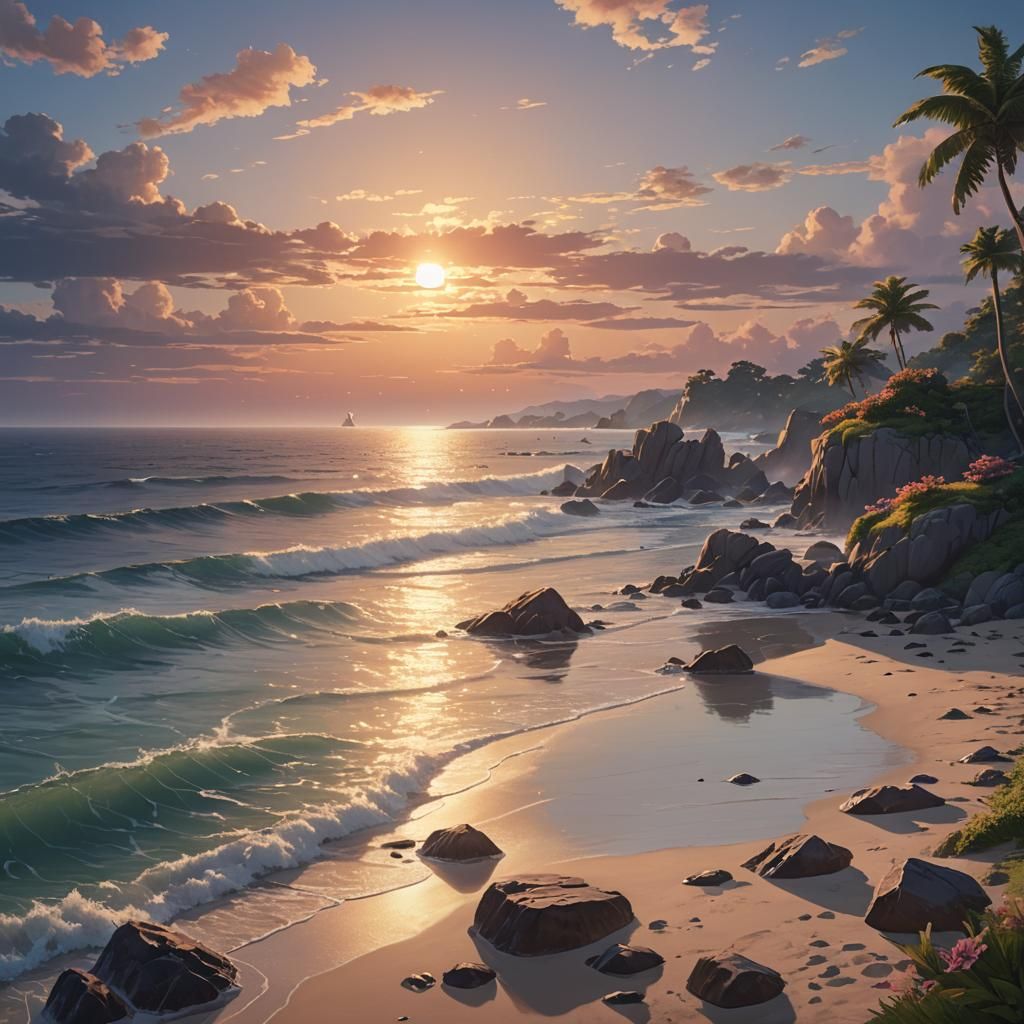 Mystical Sunset Shoreline in 3D Anime Style