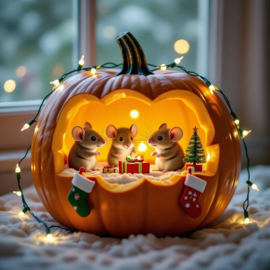 Whimsical Mice Celebrate Christmas Inside a Halloween Pumpki...