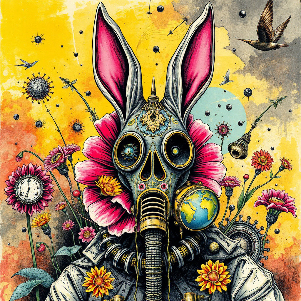 Surreal Gasmask Bunny Ghoul with Exotic Flowers