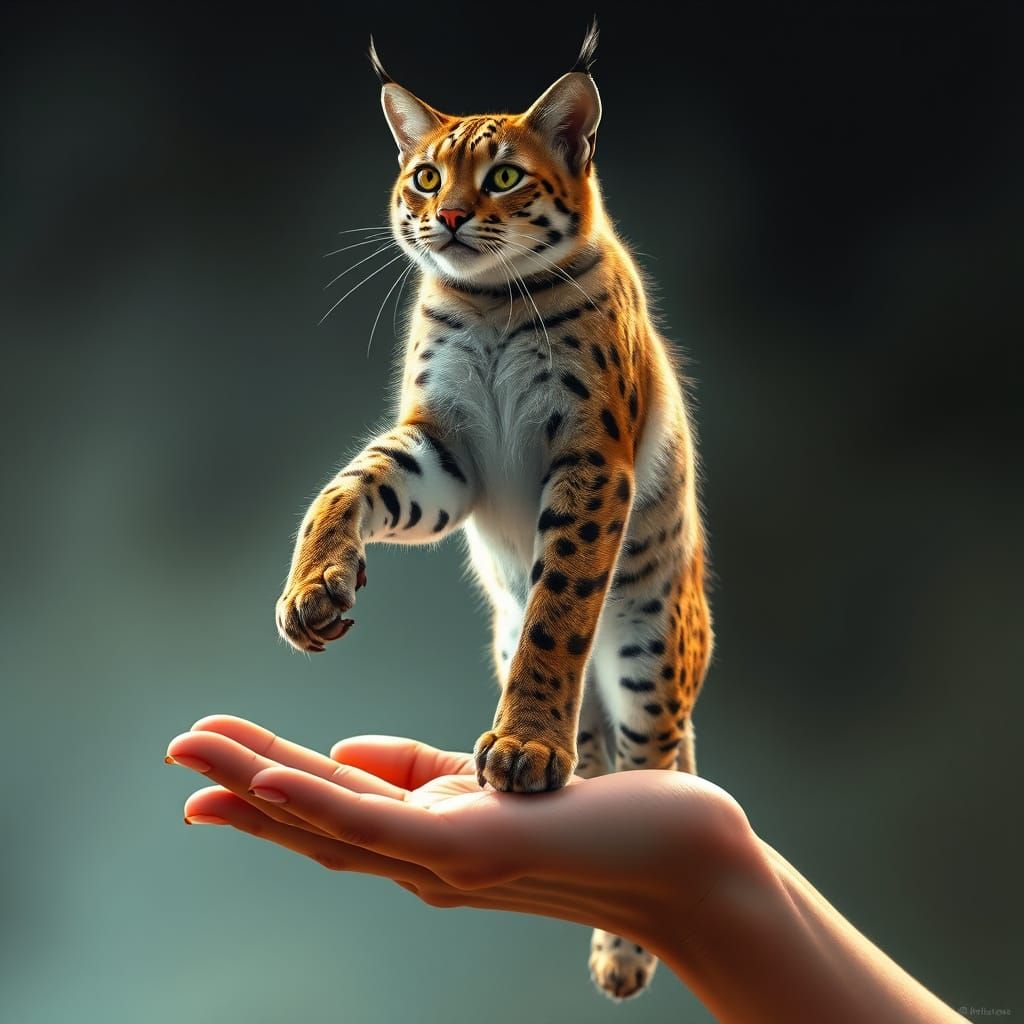 Bobcat Stands Tall in Human Hand, Hyperrealistic Digital Art